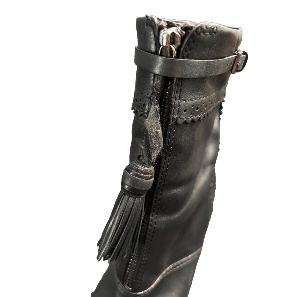 Tory Burch Black Leather Huxley Tassel Ankle Boots Block Heel Women Size 8